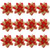 12pcs Christmas Glitter Artificial Poinsettia Flowers Christmas Tree Flowers Hanging Ornaments Party Decoration With Stems Clips