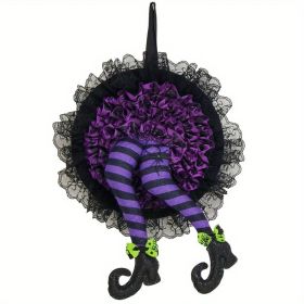 1pc, Halloween Explosion Wreath Witch Leg Hanging Decorations, Witch's Leg Halloween Wreath-Halloween Front Door Decoration Lace Spider Wreath (Color: Purple)