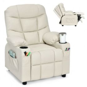 PU Leather Kids Recliner Chair with Cup Holders and Side Pockets (Color: Beige)