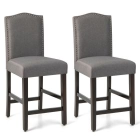 25 Inch Set of 2 Upholstered Counter Height Bar Stools with Rubber Wood Legs (Color: Gray)