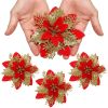 12pcs Christmas Glitter Artificial Poinsettia Flowers Christmas Tree Flowers Hanging Ornaments Party Decoration With Stems Clips