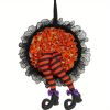 1pc, Halloween Explosion Wreath Witch Leg Hanging Decorations, Witch's Leg Halloween Wreath-Halloween Front Door Decoration Lace Spider Wreath