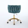 Velvet Vanity Chair with Wheels, Accent Chair Makeup Chair with Hand Woven Backrest, Modern 360�� Swivel Home Office Desk Chair for Study, Bedroom